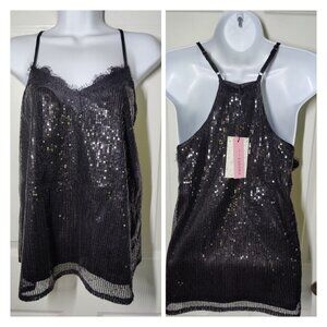 Andree By Unit Black Sexy Sequins Camisole Halter Top W Eyelash Trim M NWT
